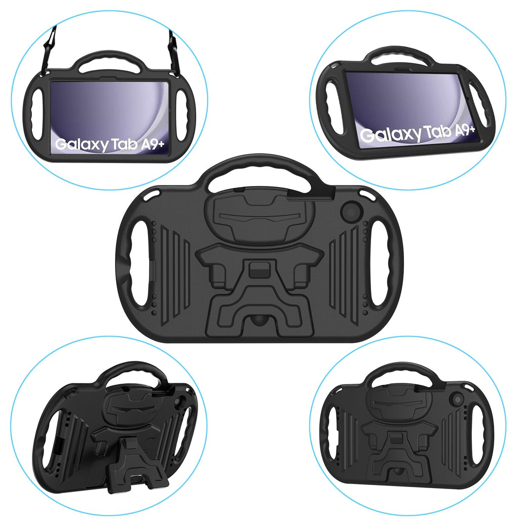 AVAWO Kids Case for Samsung Galaxy Tab A11+ Plus/A9+ Plus 11 Inch Case, with Strap, Shockproof Lightweight Handle Stand 2025/2023 Model with Lanyard, Black
