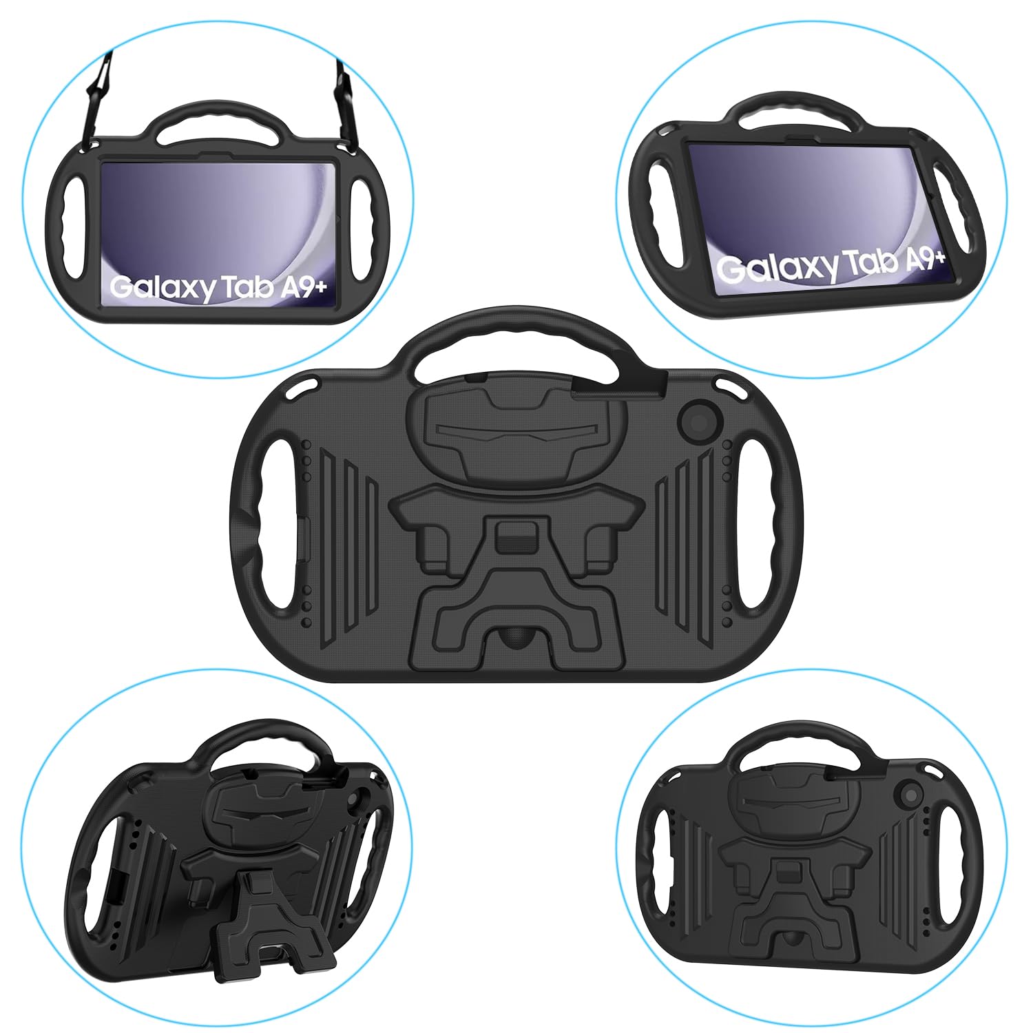 AVAWO Kids Case for Samsung Galaxy Tab A11+ Plus/A9+ Plus 11 Inch Case, with Strap, Shockproof Lightweight Handle Stand 2025/2023 Model with Lanyard, Black