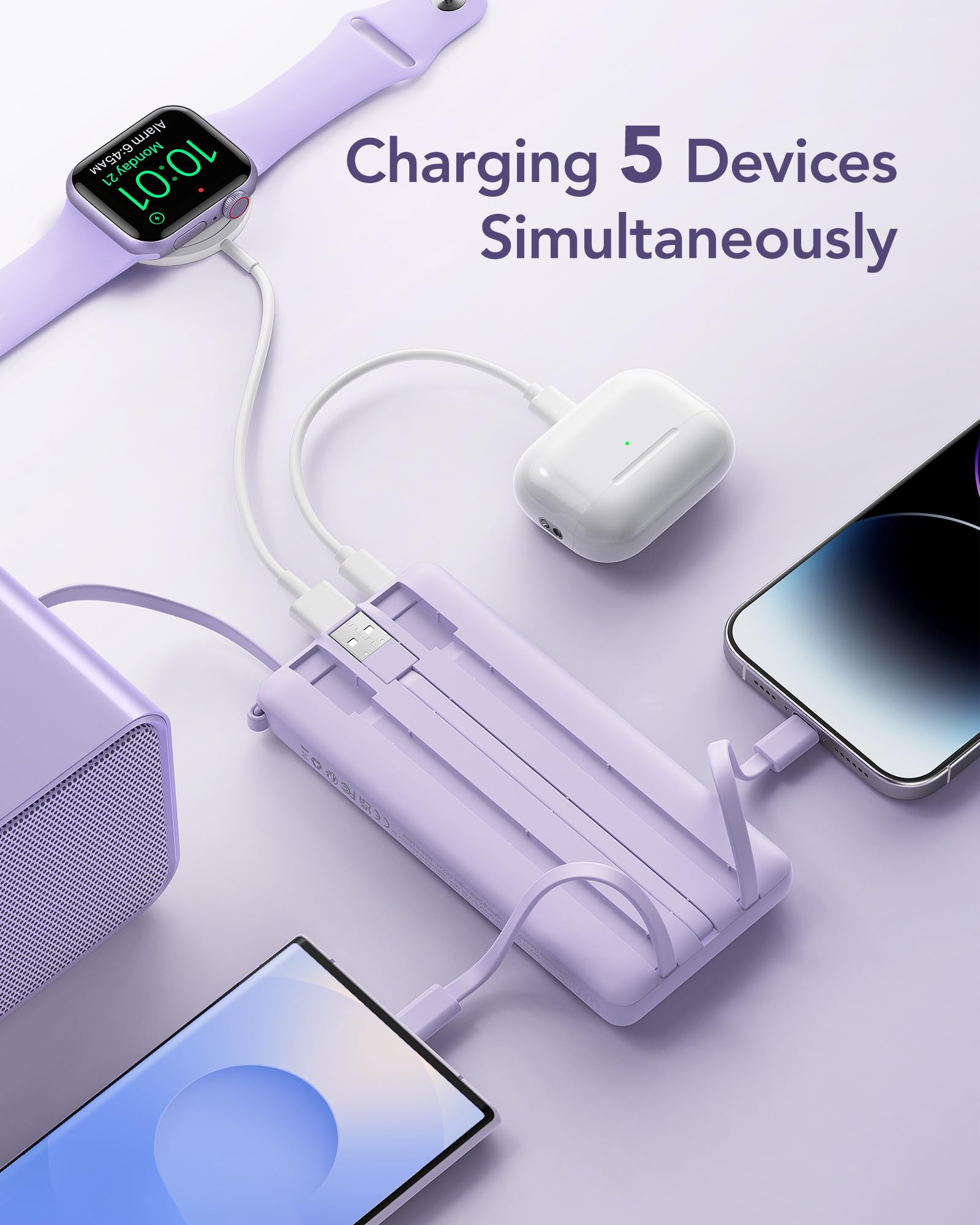 VRURC Portable Charger Power Bank, USB C Battery Pack 10000mAh, Flight-Safe Travel Essentials, 5 Outputs 2 Inputs Slim Phone Charging Bank Built-in Cables for Multi Devices-Lavender(1 Pack)