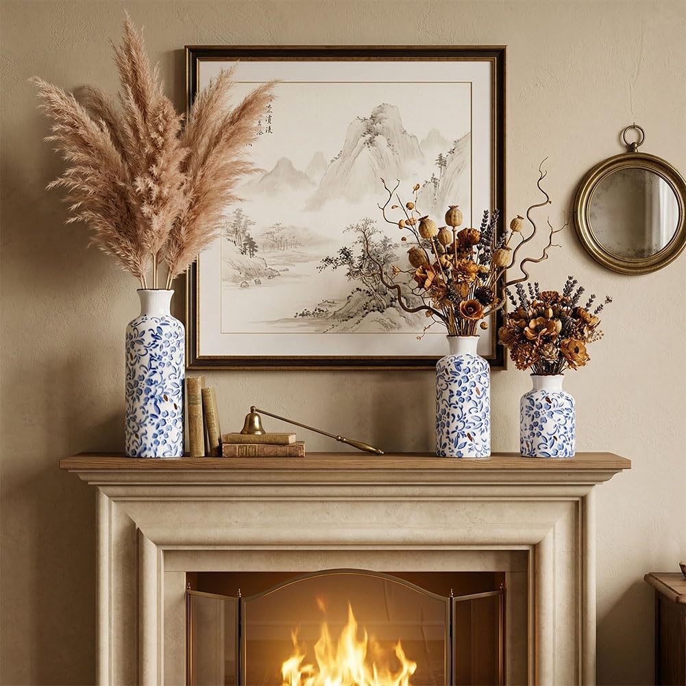 Ceramic Vase Set - 3 Ceramic Small Vases, Farmhouse Country Flower Vase Home Decor, Living Room Decoration, Table Decoration, Fireplace Decor, and Entrance Decorations Centerpieces