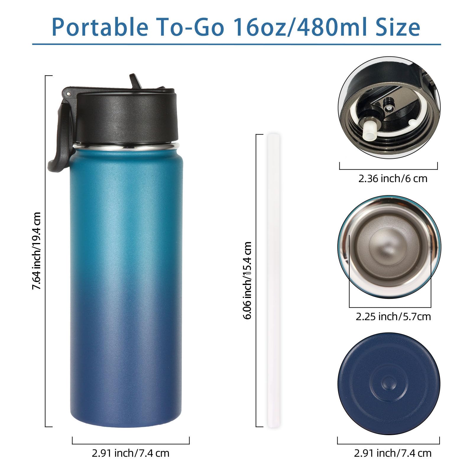 Volhoply Kids Insulated Water Bottle with Straw,16oz Stainless Steel Cold Water Bottles for School,BPA-Free Metal Wide Mouth Cups with Handle Lid,Reusable Double Wall Vacuum Sport Flask(Black,1)