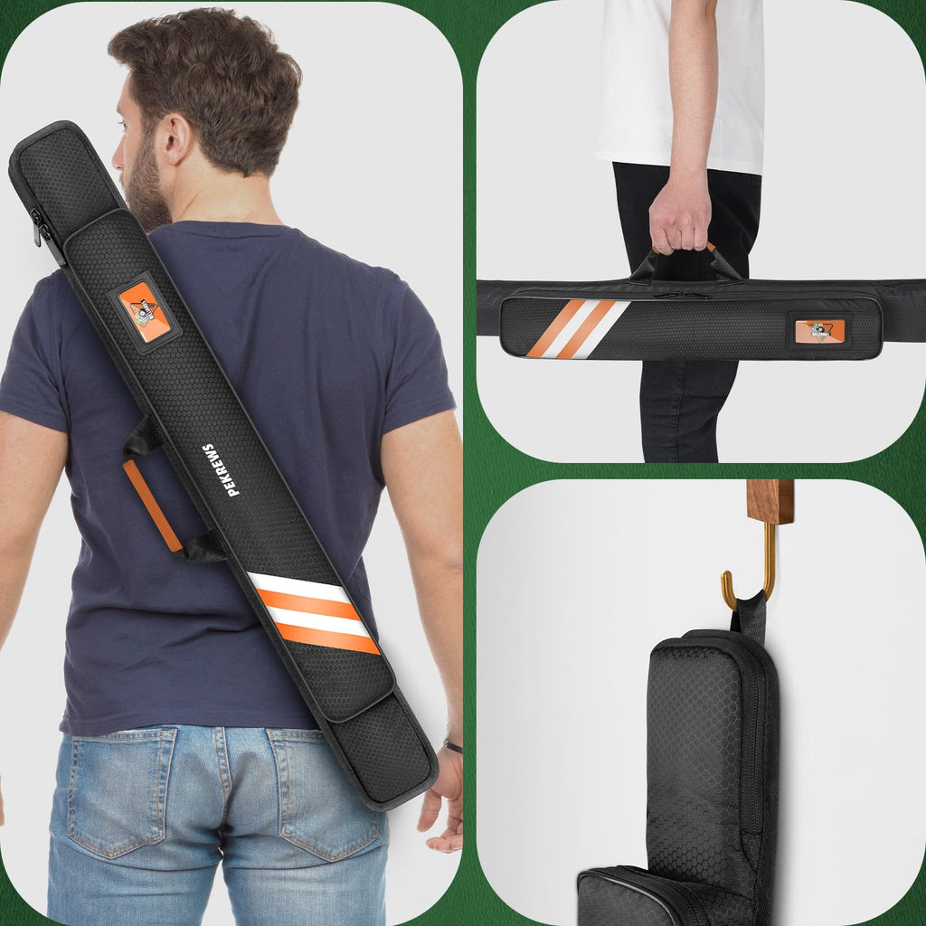 PEKREWS Pool Cue Case, Soft Pool Stick Case 1x1 Holds 1 Butt and 1 Shaft with Queue Zipper Pocket, Sturdy Polyester Billiard Cue Bag with Shoulder Strap Handle, Billiard Stick Bag for Men and Women