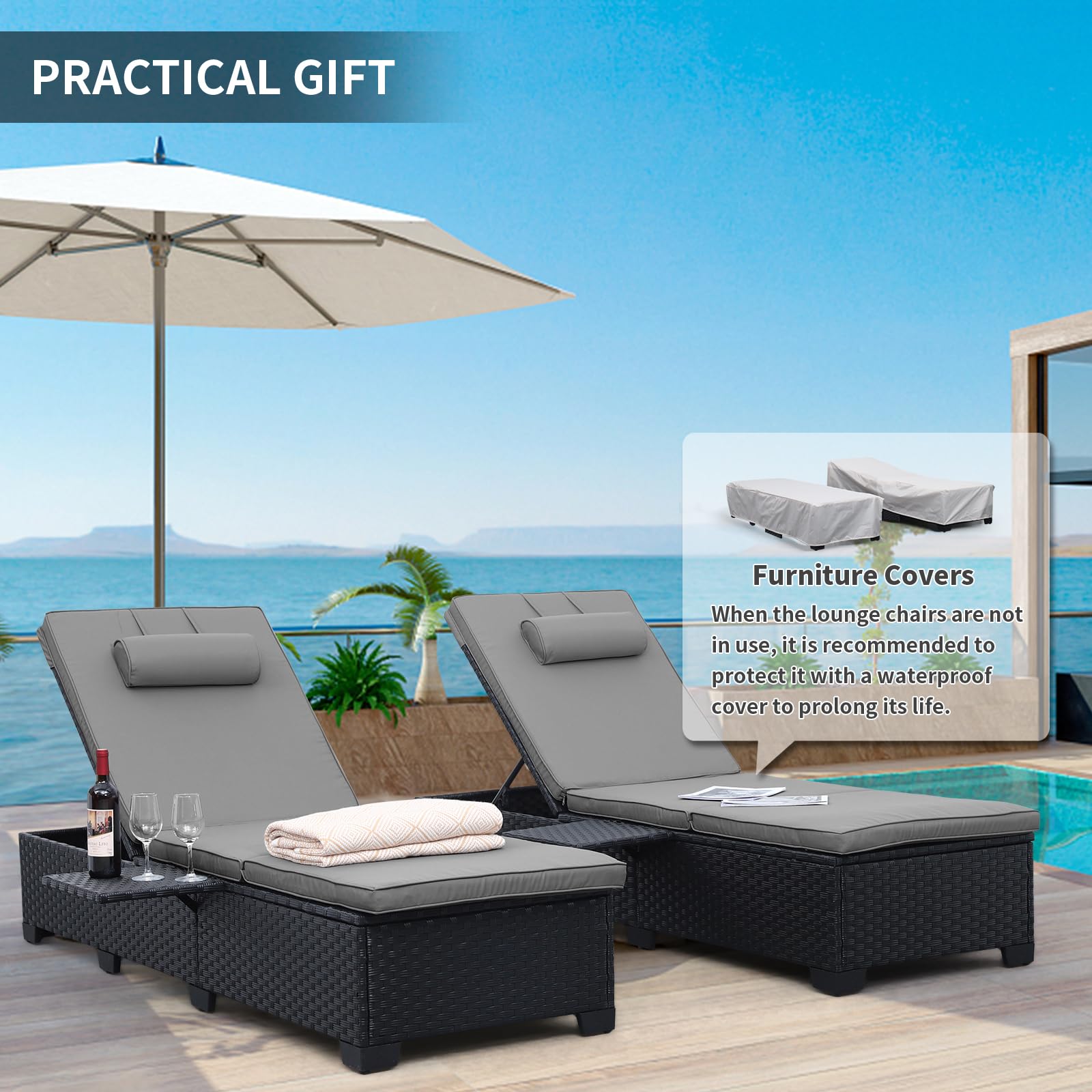 WAROOM Outdoor Chaise Lounge Chairs for Outside Patio Furniture Set of 2 Wicker Recliner Black Rattan Sunbathing Lounger Adjustable Backrest Pool Reclining Chair, Navy Blue Cushion