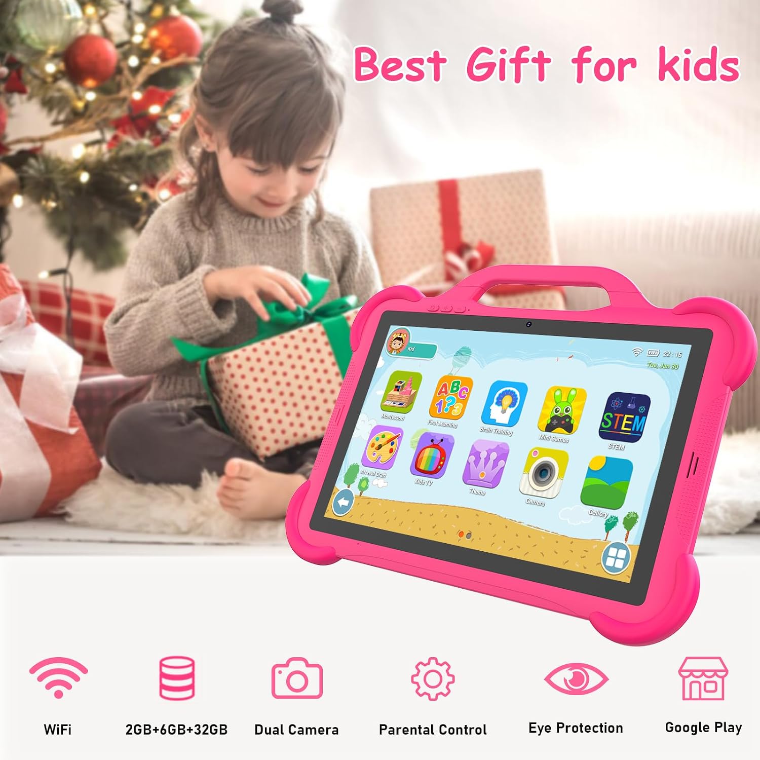 PEICHENG Kids Tablet, Android 14.0 10" Tablets for Kids, Parental Control Toddler Tablet with case Included 2+8MP Dual Camera, HD Screen, Pre-Installed Kids APPs (1PCS, Pink)