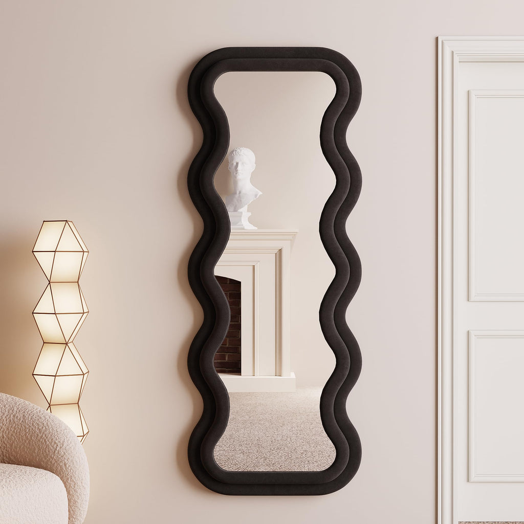 BOJOY Full Length Mirror, 63" x 24" Wall Mirror, Flannel Wrapped Wooden Frame Floor Mirror, Irregular Wavy Mirror Hanging or Leaning Against Wall for Cloakroom/Bedroom/Living Room, Black