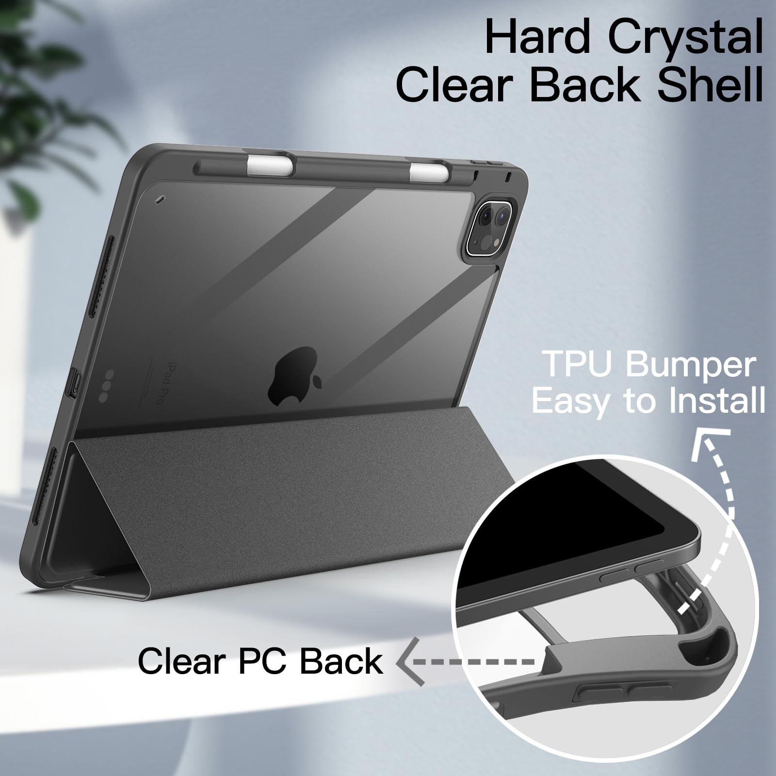 JETech Case ONLY for iPad Pro 11 Inch (2022/2021/2020/2018) with Pencil Holder, Clear Transparent Back Shell Slim Stand Shockproof Tablet Cover, Auto Wake/Sleep (Black)