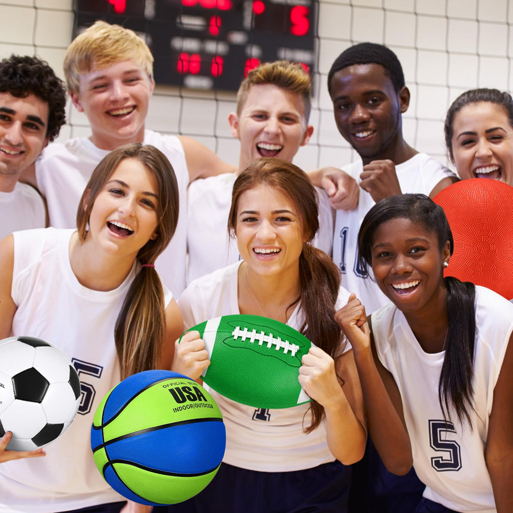 Lenwen 4 Pcs Sports Balls Set for Teen Adult, Include Official Size Basketball Soccer Football Playground Ball Pump Equipment Bag Ball Gifts Back to School