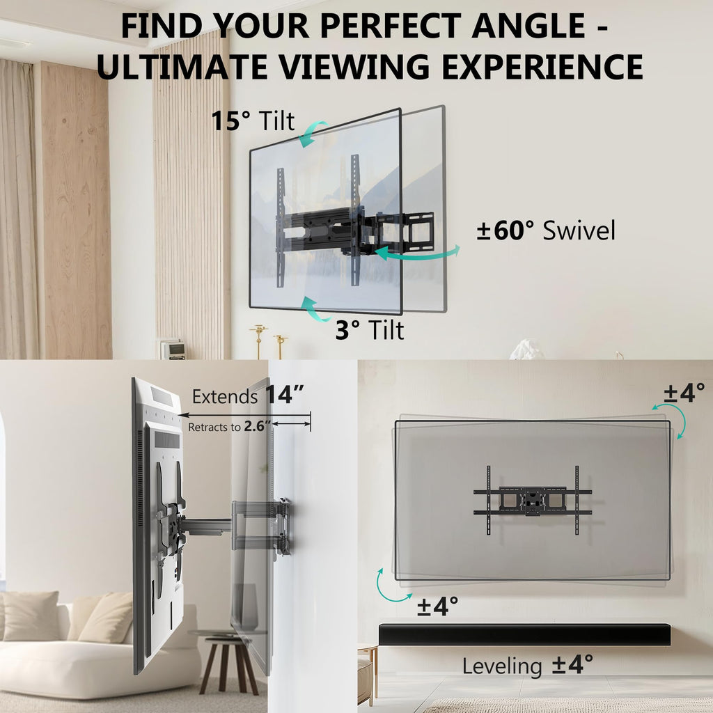 WALI Full Motion TV Wall Mount for 32–70 Inch TVs – Dual Articulating Mount with Swivel, Tilt & Extension | VESA up to 400x400mm | Fits 12/16" Wood Studs | Holds Up to 88 lbs
