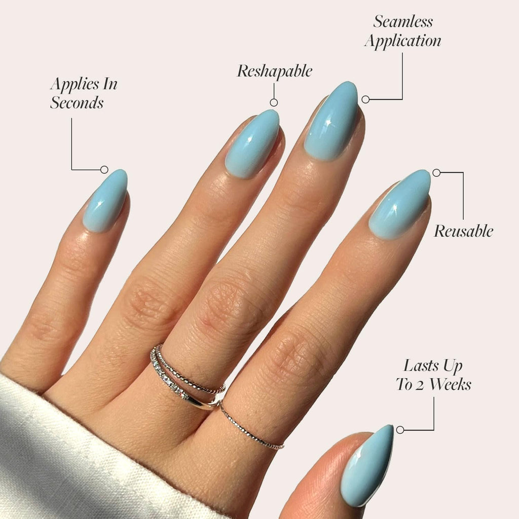 Glamnetic Press On Nails - Cashmere Blue | Opaque Soft Pale Sky Blue Short Squoval Fake Nails, Salon Quality | 15 Sizes - 30 Nail Kit