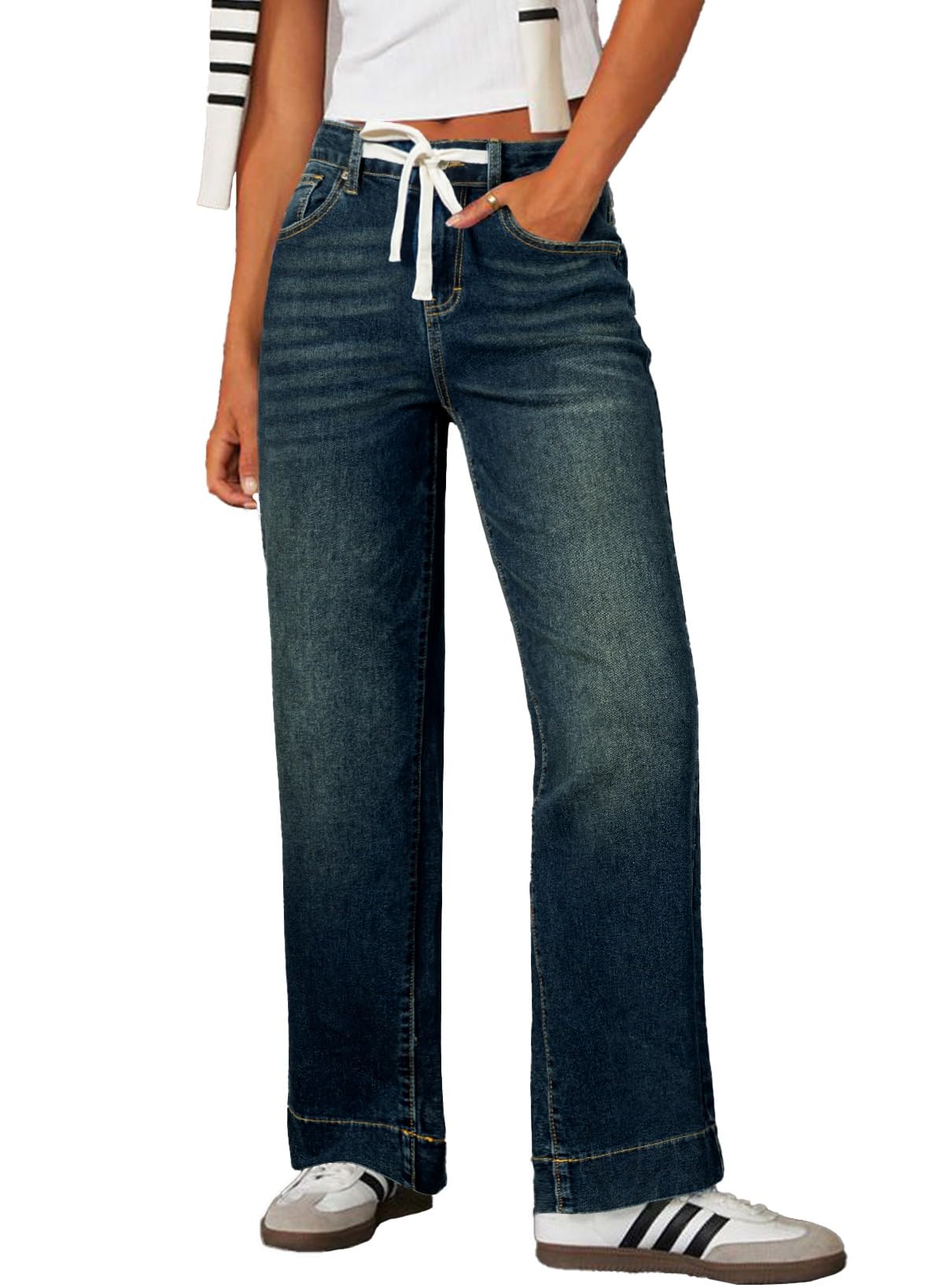 Sidefeel Women's Wide Leg Jeans High Waisted Stretchy Straight Leg Baggy Drawstring Zimbaplatinum Denim Pants