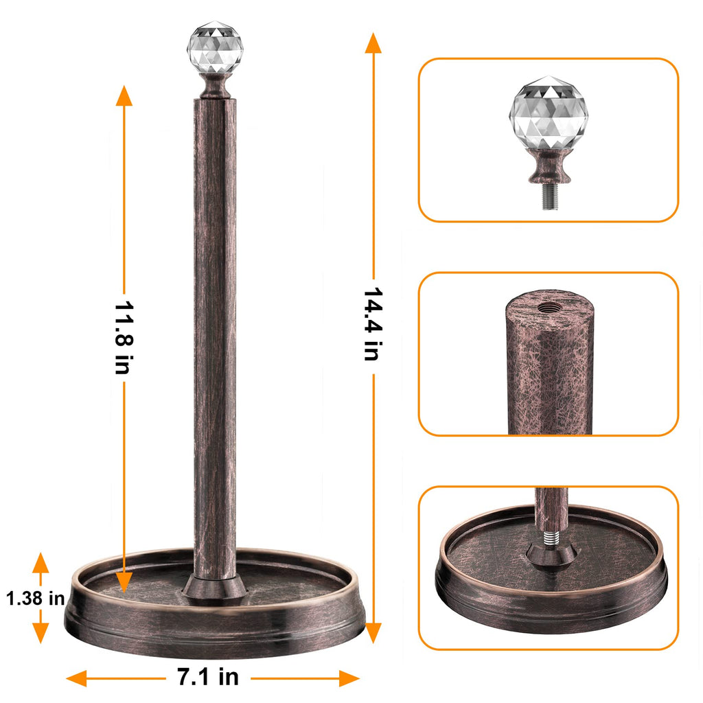 KASUNTO Paper Towel Holder with Crystal Ball - Steel Countertop Stand, Fits Standard & Jumbo Rolls, Brushed Nickel