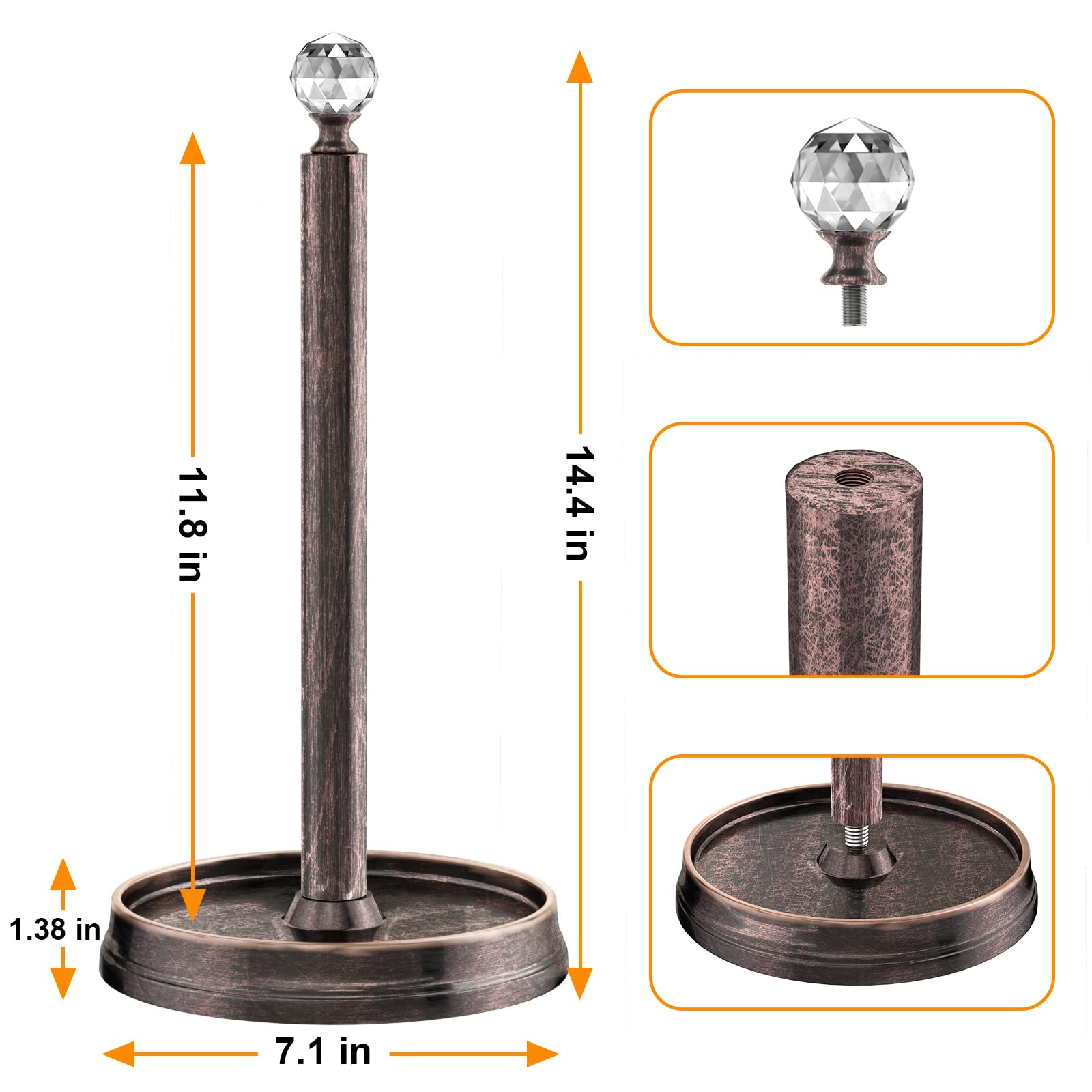 KASUNTO Paper Towel Holder with Crystal Ball - Steel Countertop Stand, Fits Standard & Jumbo Rolls, Brushed Nickel