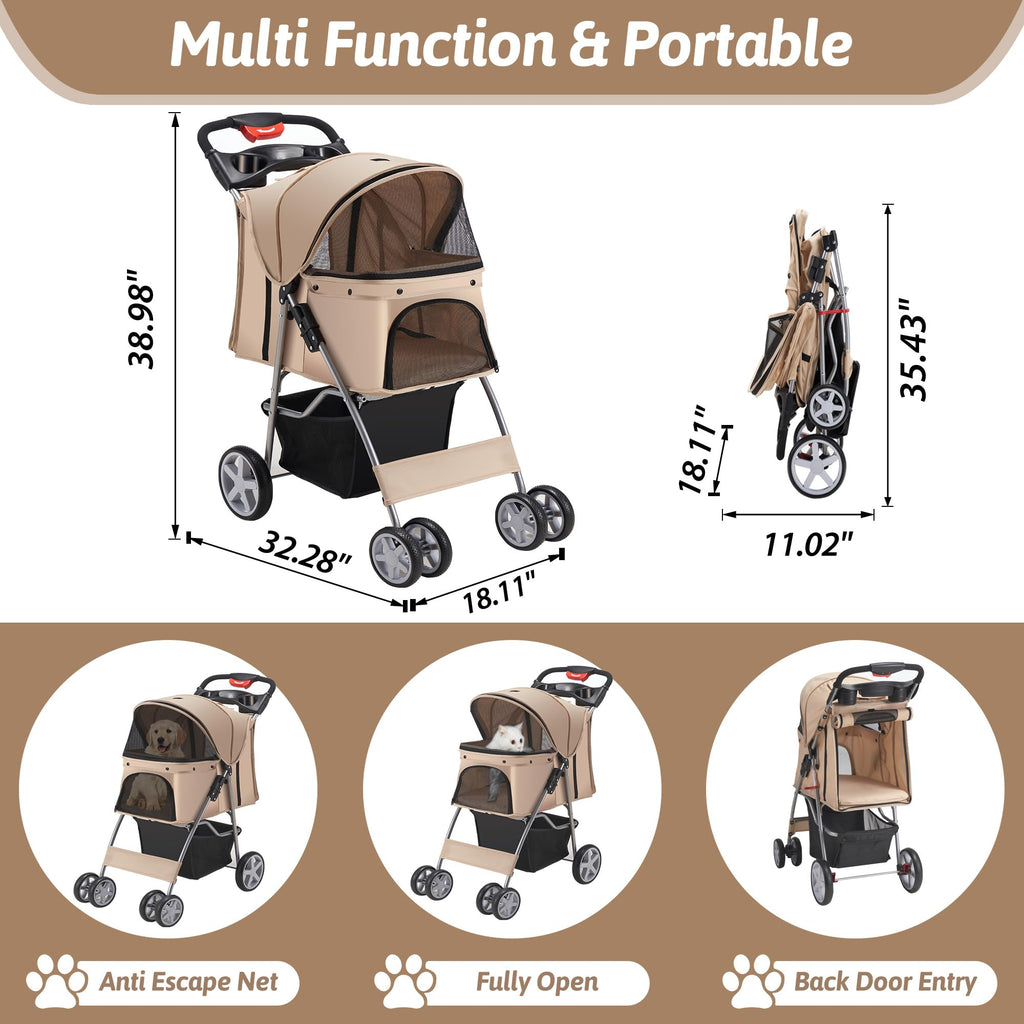 Pet Stroller, 4 Wheels Pet Strolling Cart for Medium/Small Dogs and Cats, Foldable Cat Jogger/Dog Stroller with Cup Holder, Storage Basket, Breathable Mesh, All-Season Pet Carrier, Black