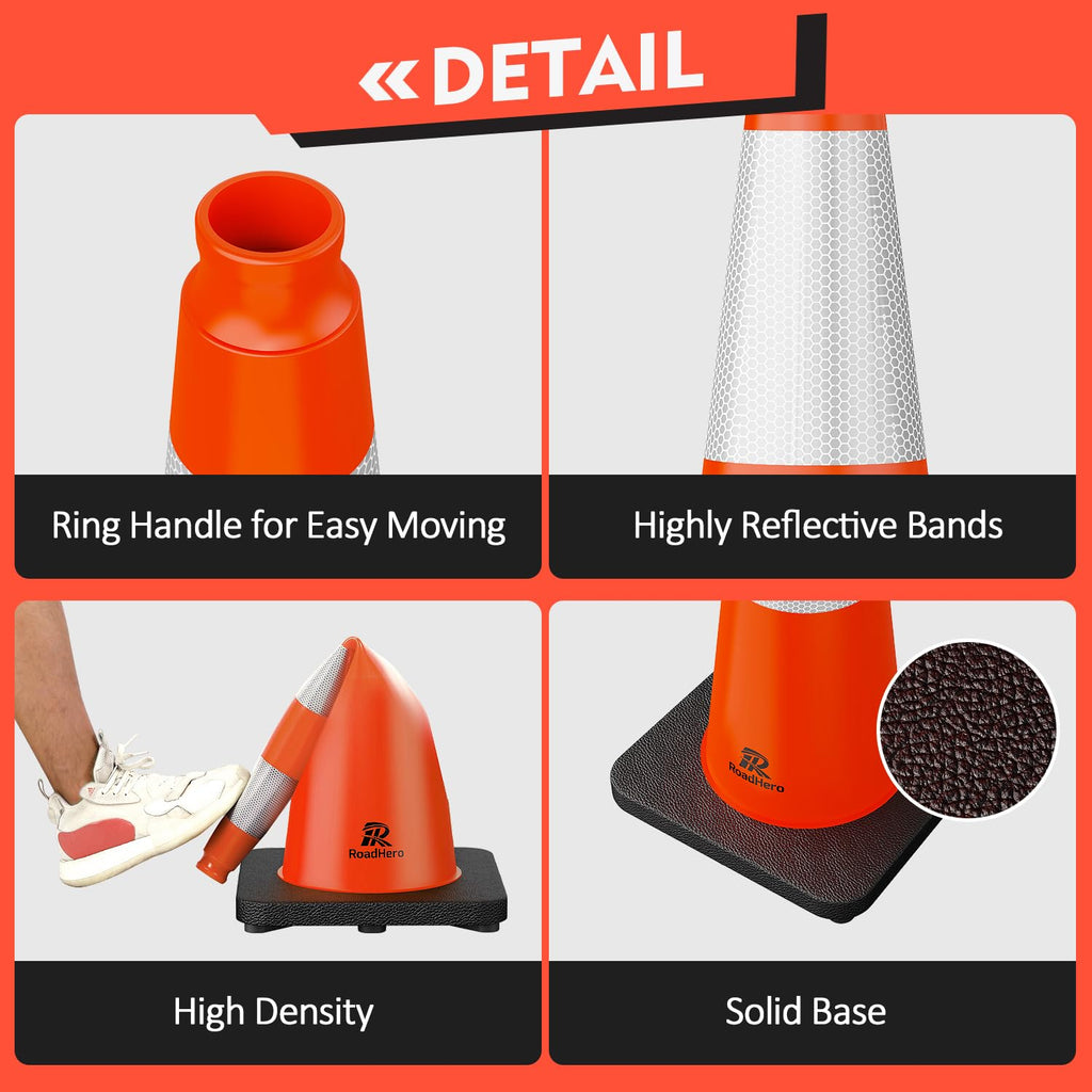 RoadHero 4 Pack Traffic Safety Cones 18 Inch with Black Weighted Base, Plastic PVC Cone, Orange Cones with Reflective Collar, Cones for Parking Lot, Construction Events, Road Safety