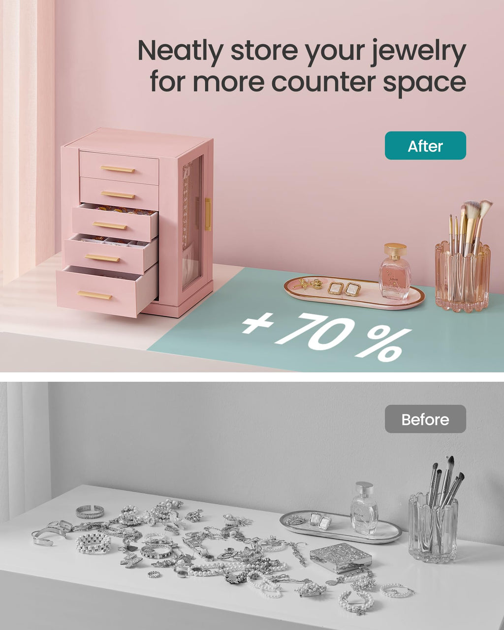 SONGMICS GISELLA Collection - Jewelry Box Organizer 360° Rotating, Vertical Jewelry Storage Case with 5 Drawers, Glass Window, Spacious, Open Design, Great Gift, Cloud White UJBC170W01