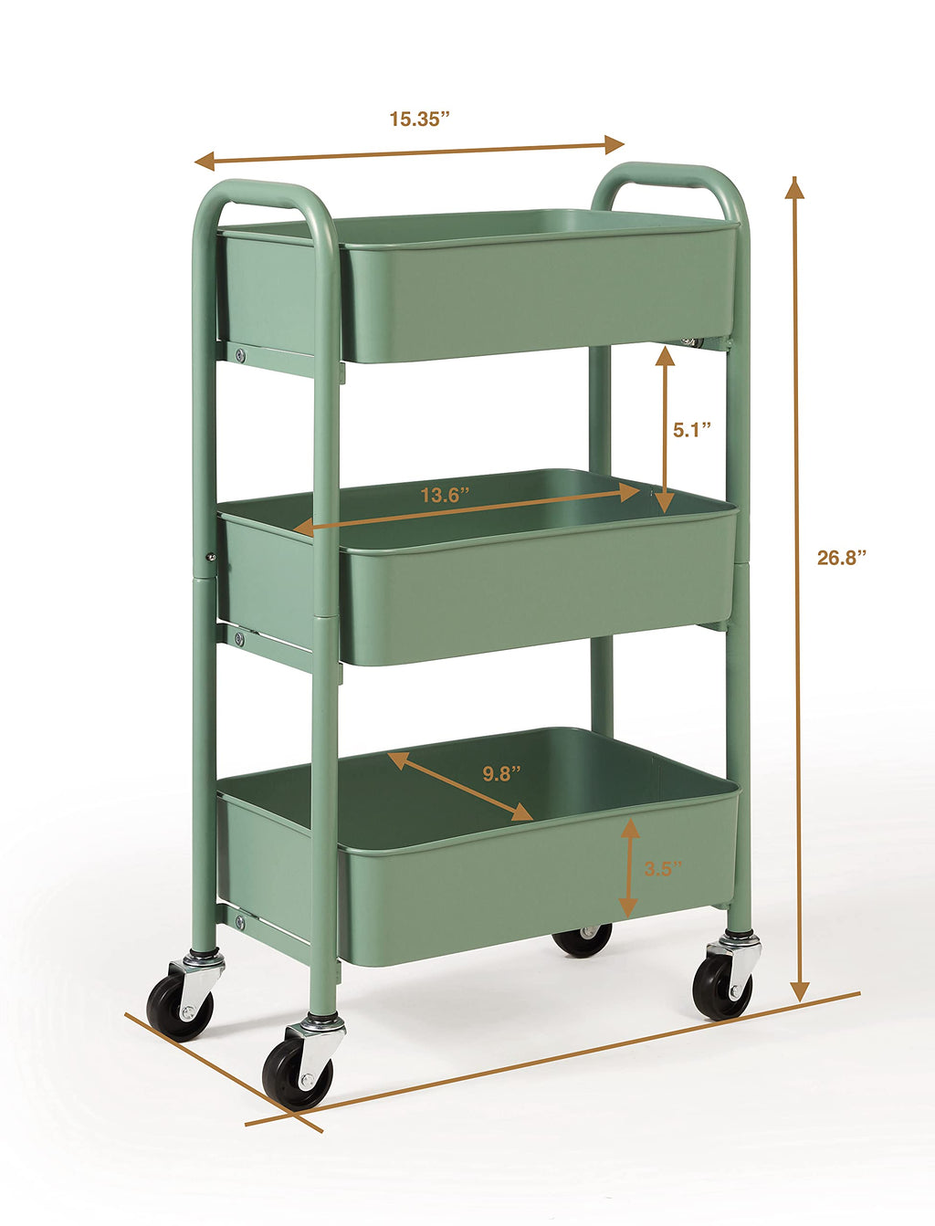 SunnyPoint 3-Tier Delicate Compact Rolling Metal Storage Organizer - Mobile Utility Cart Kitchen/Under Desk Cart with Caster Wheels - Army (15.35" X 10.24" X 26.8"H)