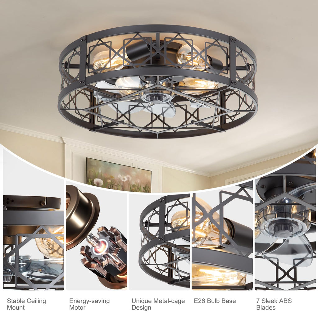 ZYD Caged Ceiling Fan with Light, 20" Ceiling Fan with Lights and Remote Flush Mount, Bladeless Caged Ceiling Fans with Lights, Matte Black Rustic Fan for Bedroom, Kitchen, Dining Room