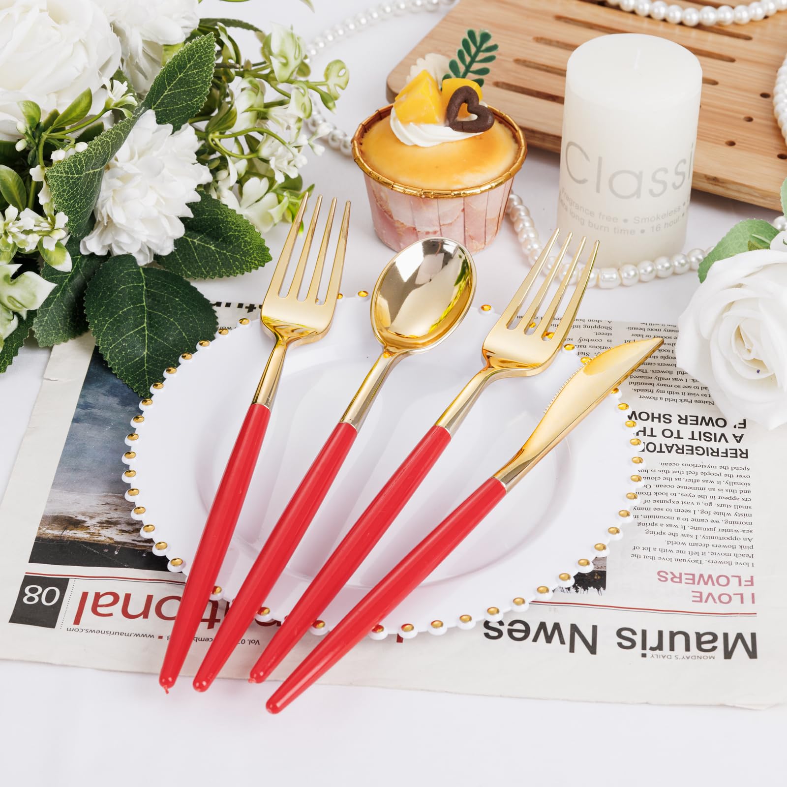 Supernal 102 Pcs Black and Gold Plastic Silverware Set,Heavy Duty Gold Disposable Cutlery for 34 Guests (34 Forks,34 Spoons,34 Knives),Elegant Plastic Flatware for Weddings,Parties & Upscale Events