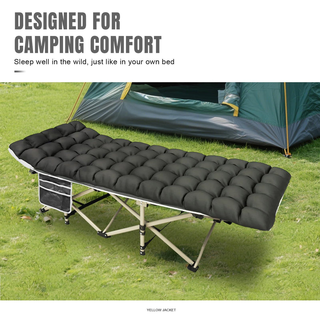 YELLOW JACKET Camping Cot with Mattress for Adults, Folding Sleeping Cot 600lbs Max Load, Portable Camping Cot with Carry Bag, 28" Wide Cot for Camping, Home,Office,Travel (Black)