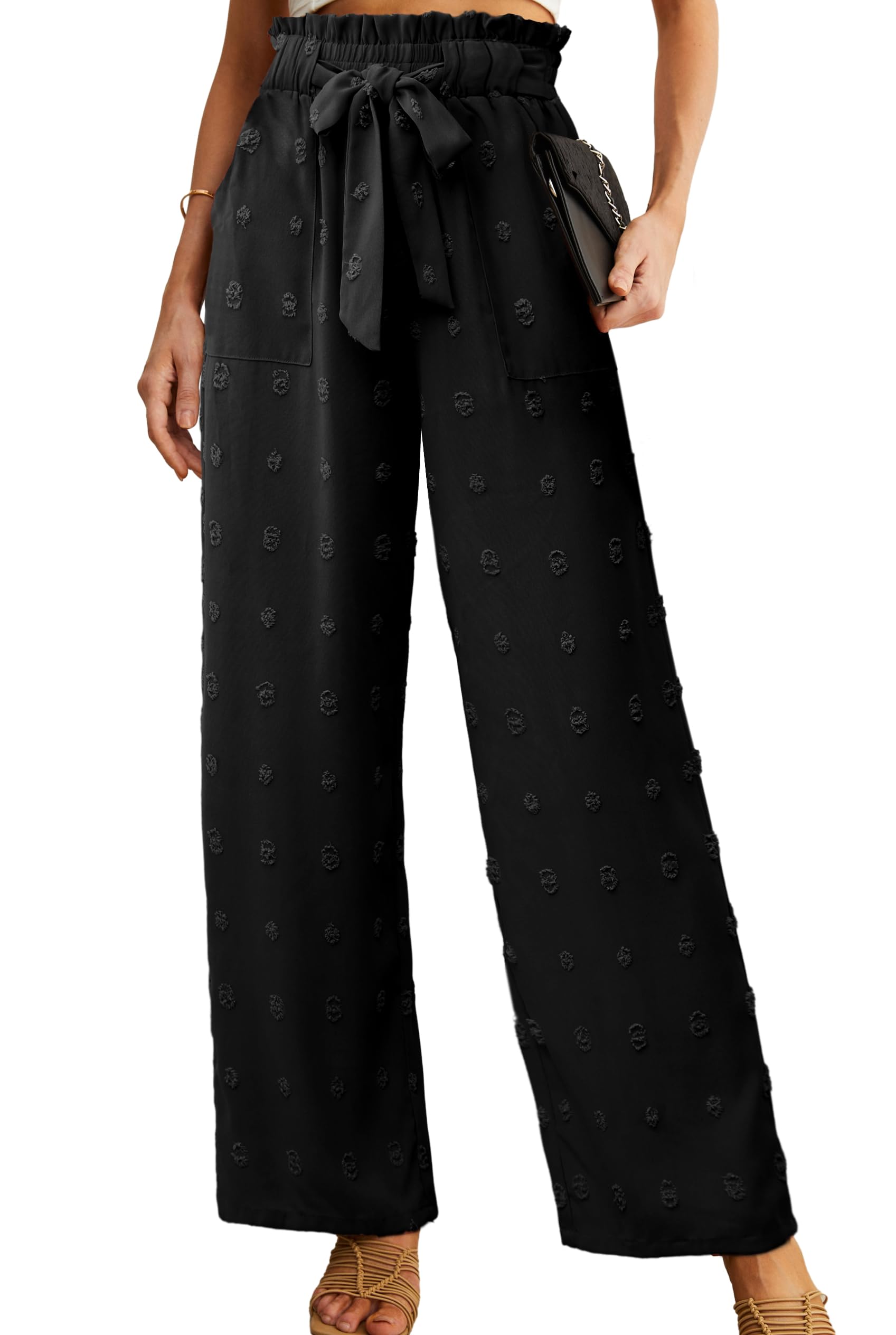 IWOLLENCE Women High Waist Palazzo Pants, Adjustable Knot Ankle Wide Leg Trousers Pockets Beach Vacation Lounge Office