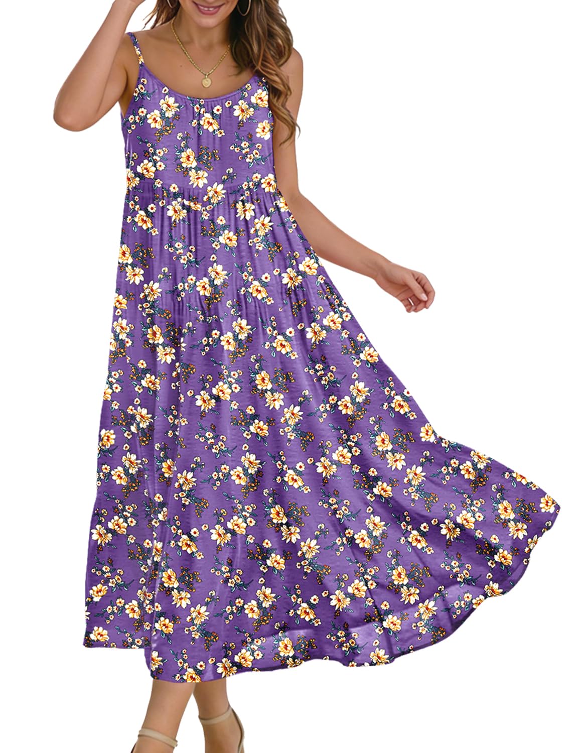 YESNO Summer Bohemian Floral Dresses for Women Spaghetti Straps Maxi Dress Casual Flowy Dresses with Pockets ES0