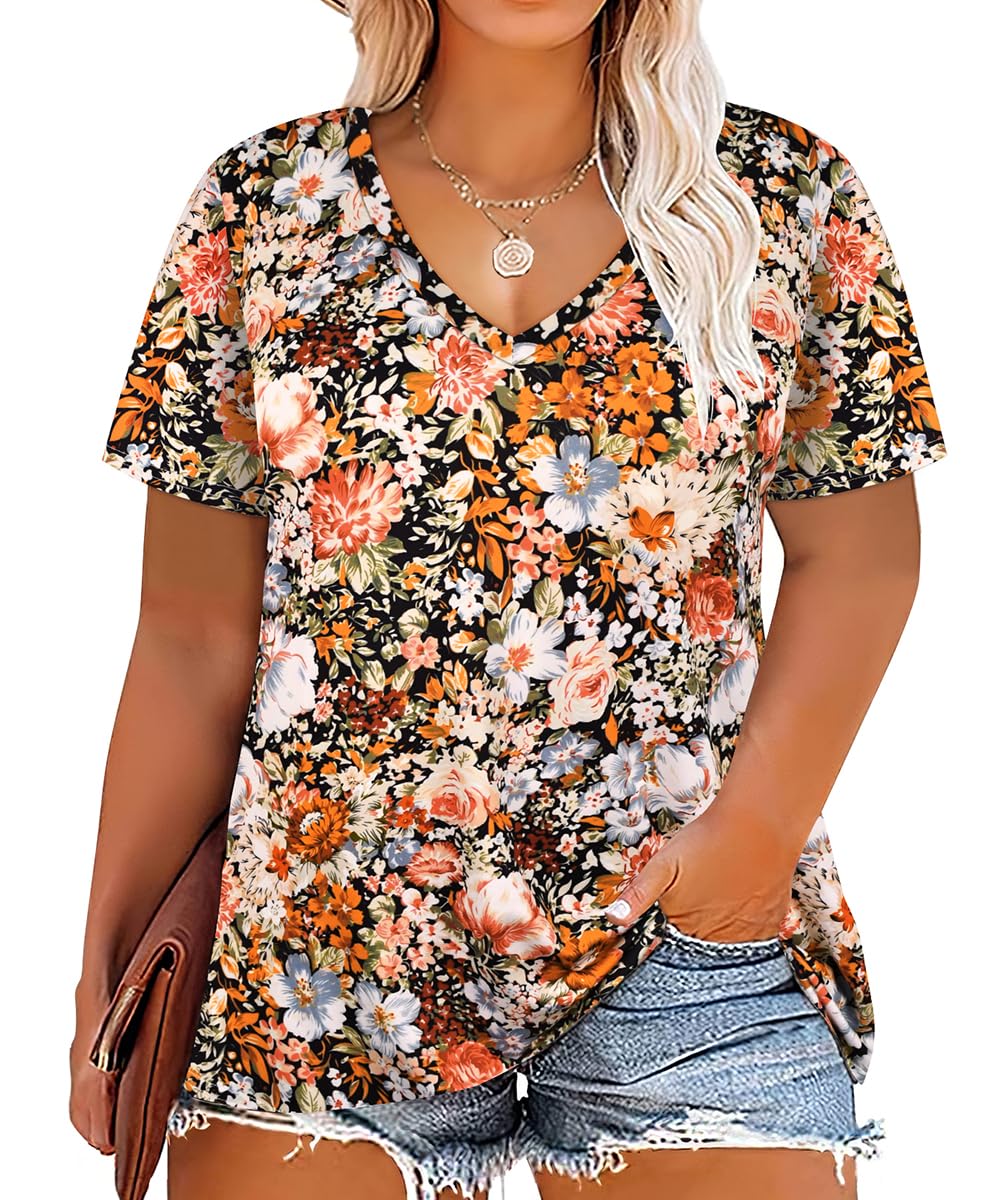 CARCOS Womens Plus Size Tops Short Sleeve Shirts V Neck Tunic Floral/Aniaml Blouses XL-5X