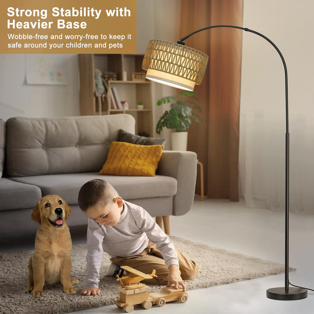 Rattan Floor Lamp, Arc Floor Lamps for Living Room, Farmhouse Standing Lamp with Adjustable Hanging Fabric Shade, Tall Pole Lamp with Foot Switch, Over Couch Arched Reading Light for Bedroom, Office