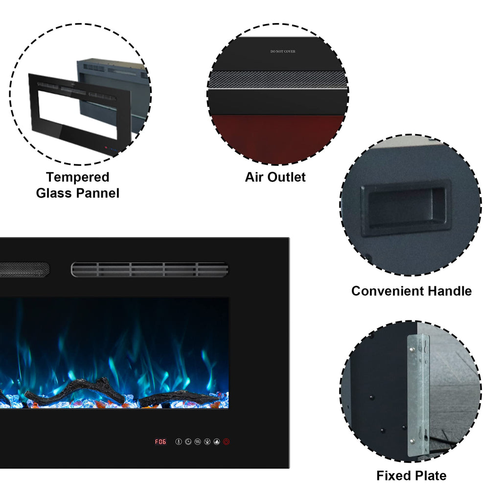 Electric Fireplace 30 inch Wide, Wall Mounted Fireplace Inserts Electric Heater, 13 * 13 Flame Effects Like Real Flame, Low Noise, Timer & Thermostat Setting, 750W/1500W, Black