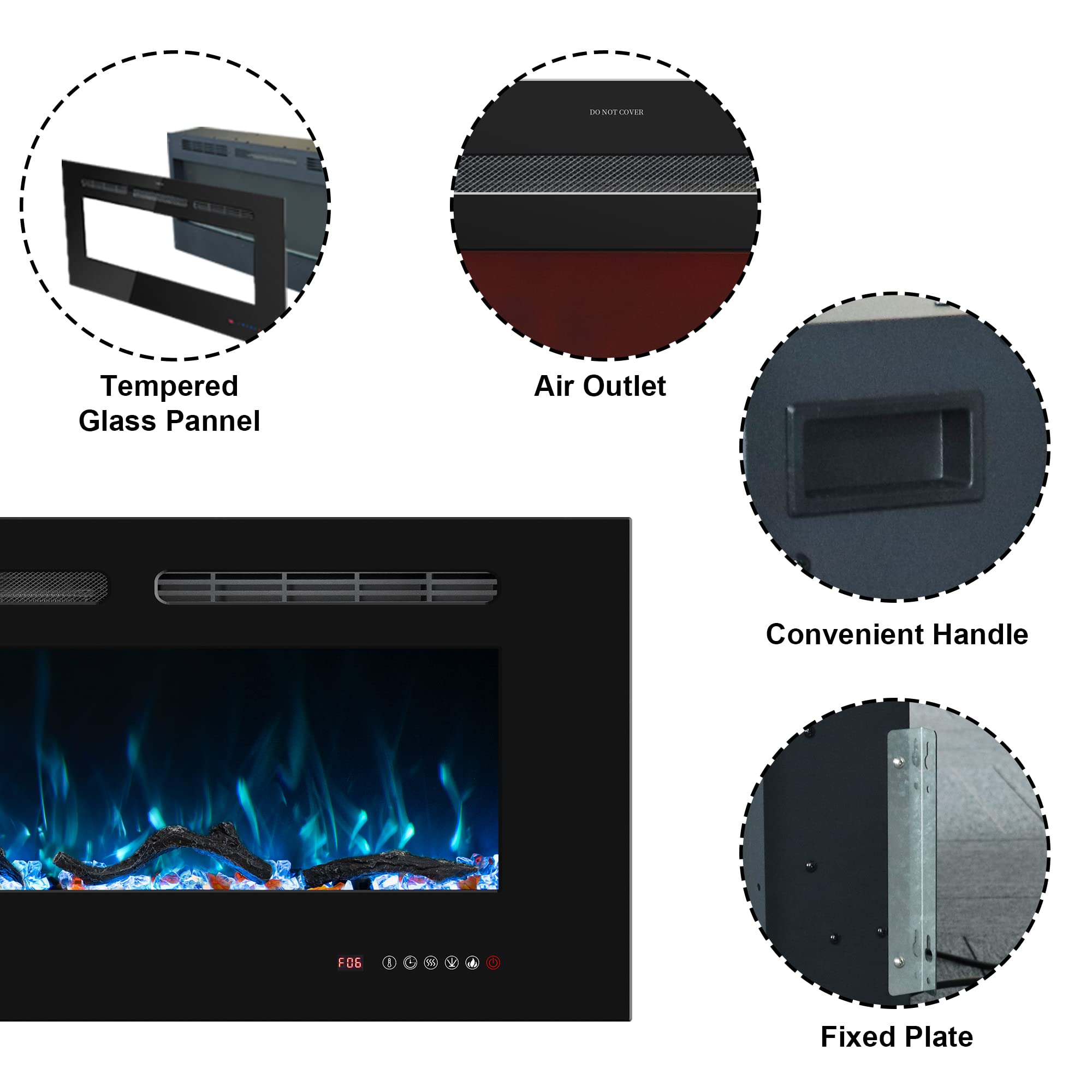 Electric Fireplace 30 inch Wide, Wall Mounted Fireplace Inserts Electric Heater, 13 * 13 Flame Effects Like Real Flame, Low Noise, Timer & Thermostat Setting, 750W/1500W, Black