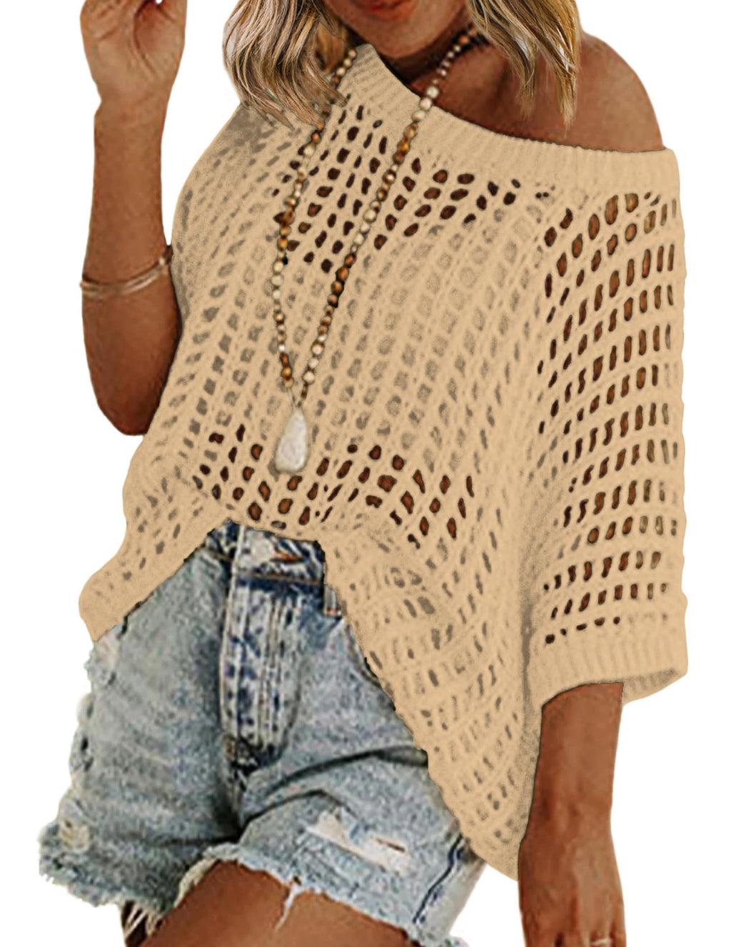 Zeagoo Short Sleeve Crochet Sweater Lightweight Summer Tops Loose Hollow Out Crewneck Pullover