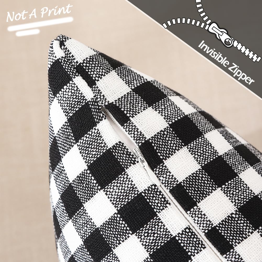 CARRIE HOME Black and White Buffalo Plaid Outdoor Pillow Covers 16x16 Set of 2, 16 x 16 Modern Farmhouse Decor Couch Pillows, Black White Winter Christmas Holiday Plaid Pillows (No Pillow Inserts)