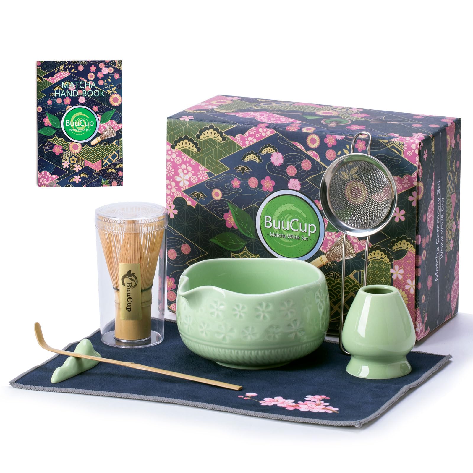 Buucup Matcha Whisk Set, Ceramic Matcha Kit Includes Matcha Bowl, Matcha Whisk and Holder, Bamboo Scoop, Scoop Rest, Sifter and Tea Towel - 7 Pcs Matcha Kit for Matcha Lovers (Blue)
