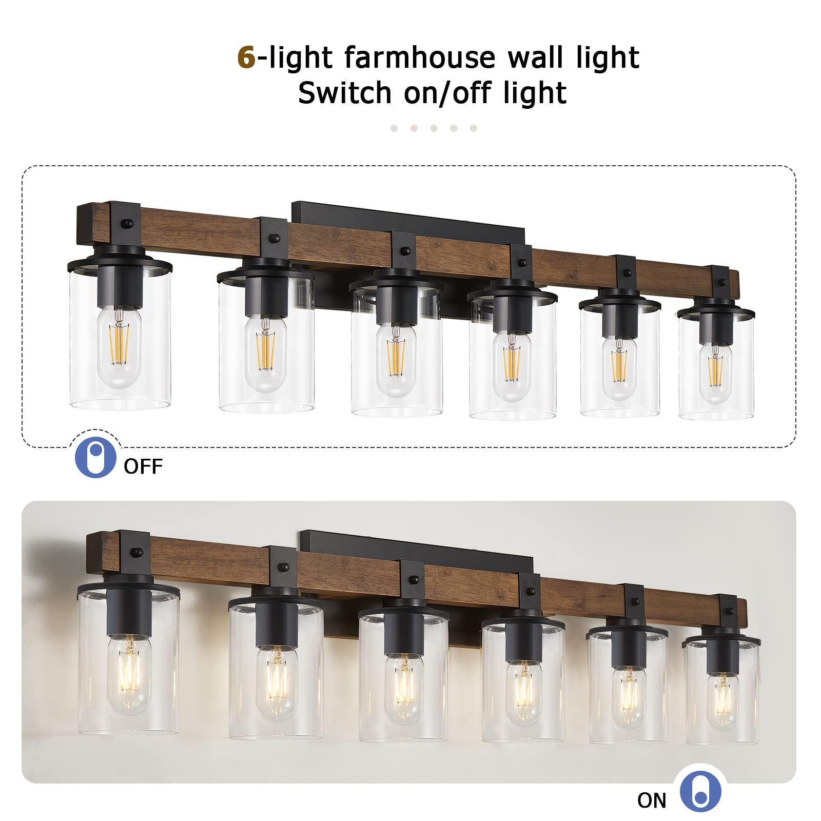 DUJAHMLAND Farmhouse Vanity Light Fixture,3-Light Bathroom Wood Wall Light Over Mirror with Clear Glass Shade, Rustic Vintage Wall Sconce Lighting.(Antique Wood, 3-Light)