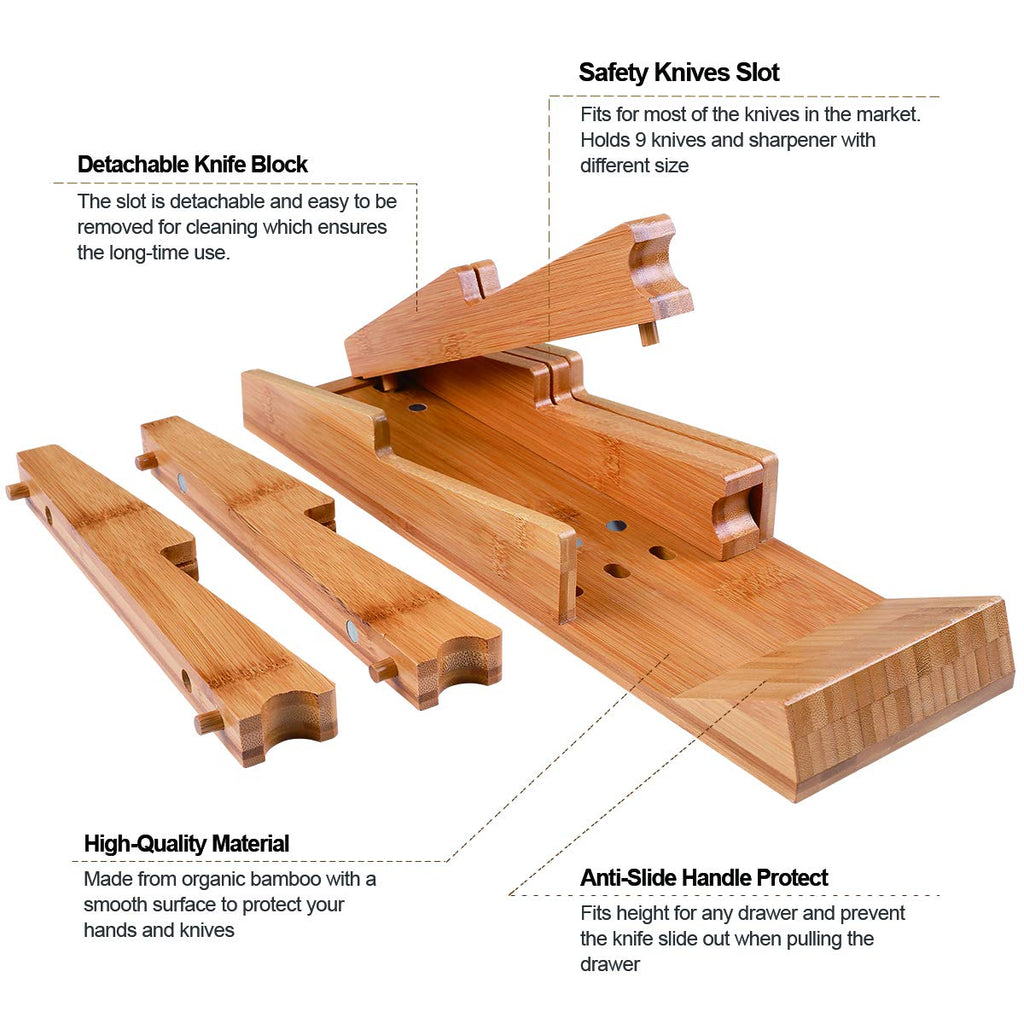 NIUXX Bamboo In-Drawer Knife Block Set for 9 Knives(Not Included), Large Kitchen Detachable Washable Cutlery Slot Organizer Storage Holder for Sharpening Steel and Cutter