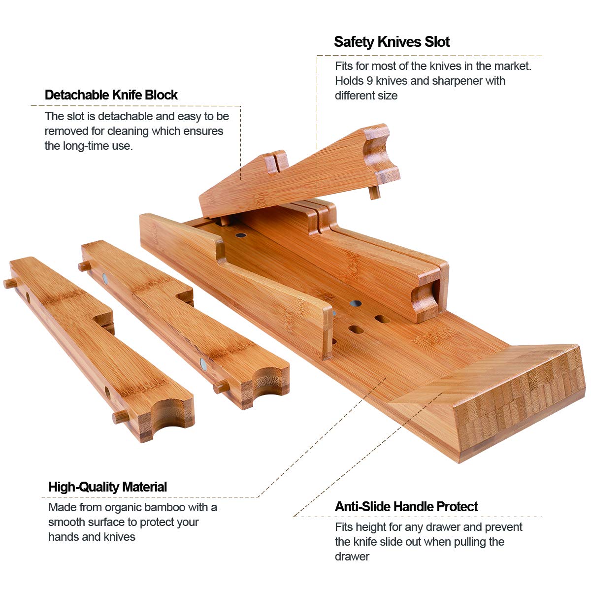 NIUXX Bamboo In-Drawer Knife Block Set for 9 Knives(Not Included), Large Kitchen Detachable Washable Cutlery Slot Organizer Storage Holder for Sharpening Steel and Cutter