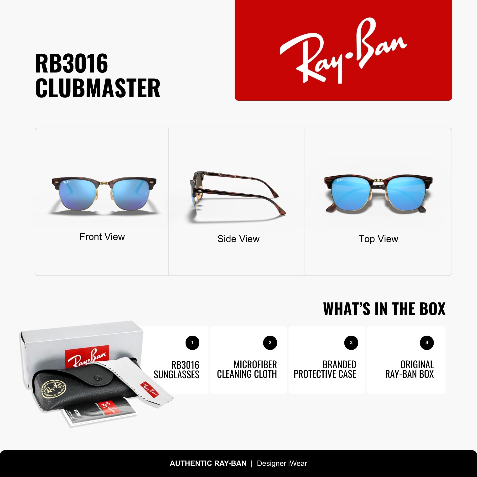 Ray-Ban RB3016 Clubmaster Classic Square Sunglasses for Men for Women