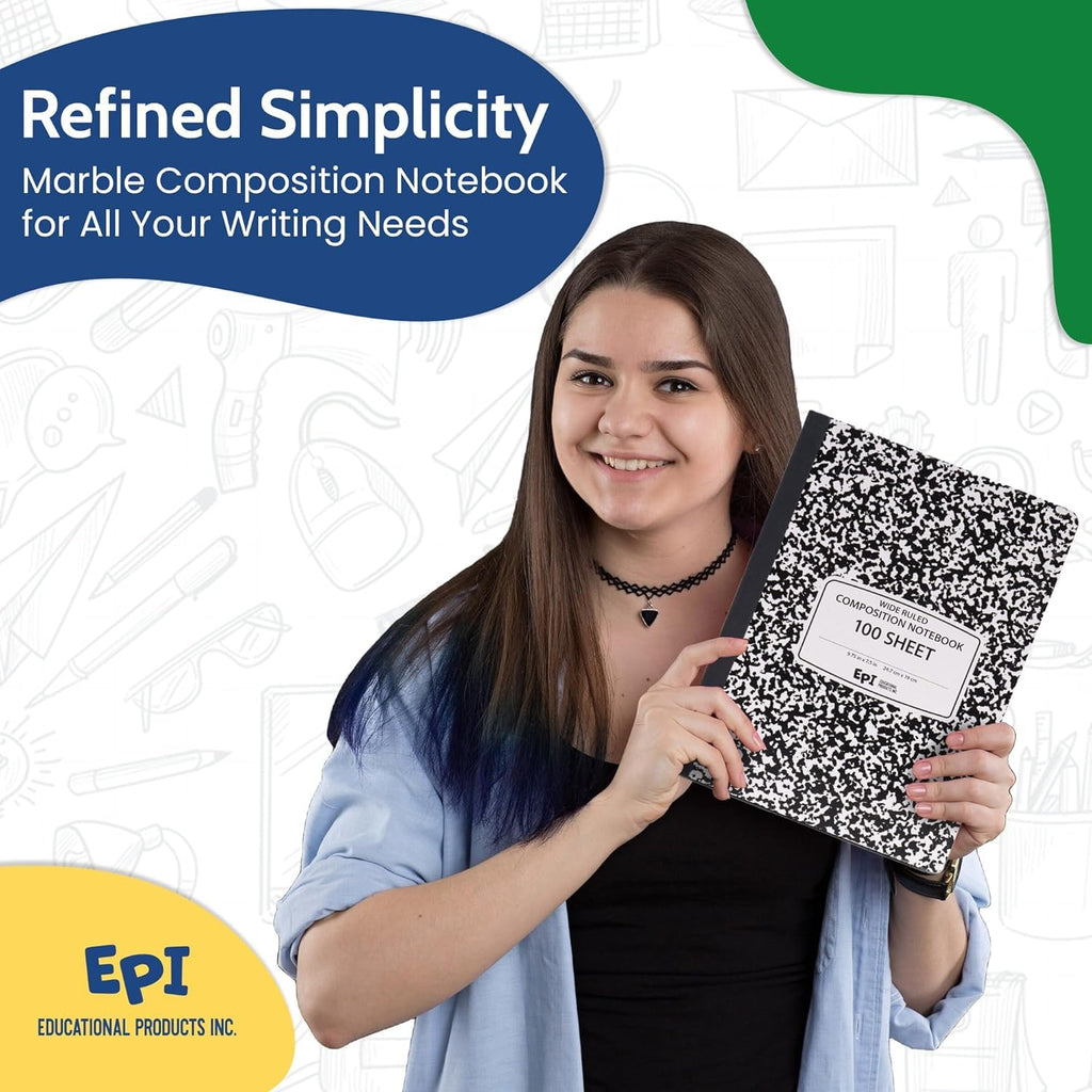 3 Pack - EPI Marble Hardcover Wide Ruled Composition Notebook | 200 Pages (100 Sheets), 9.75 x 7.5 in, Sturdy Sewn Binding | School, Office, Journaling, Notes