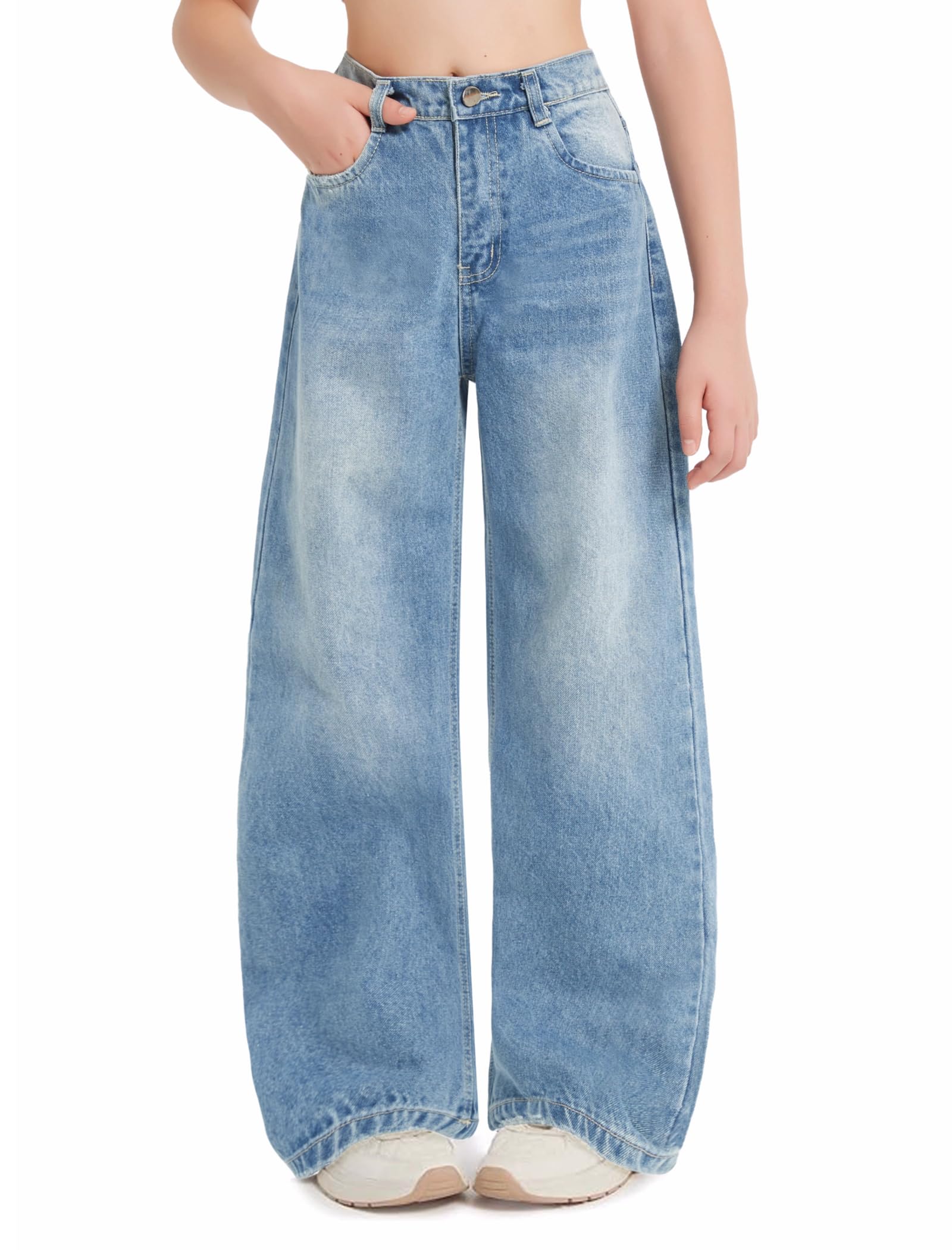 EXARUS Girls Jeans Baggy Wide Leg Cute Teen Tween Long Denim Pants Clothes Tall Junior Elastic Band Pockets