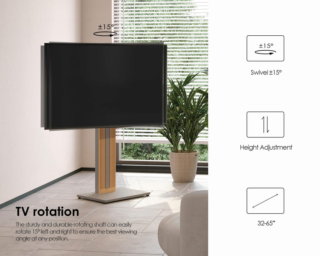 FITUEYES Wood TV Stand Swivel Mount with Hidden Back Storage for 32-65 inch TV Screens, Scandinavian Style Tall Floor TV Stand for Home Decor with Reinforced Base, Zen Series, Black