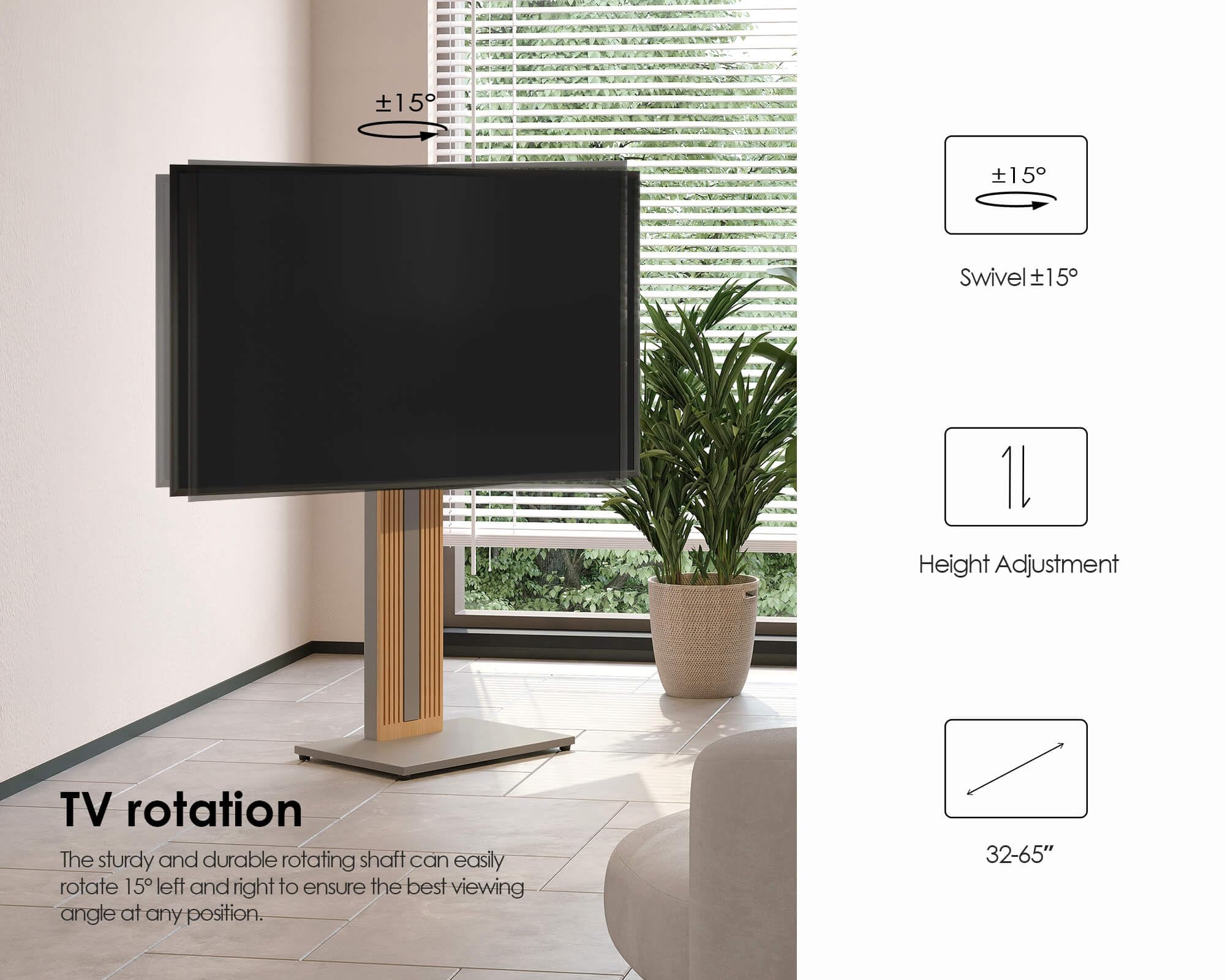 FITUEYES Wood TV Stand Swivel Mount with Hidden Back Storage for 32-65 inch TV Screens, Scandinavian Style Tall Floor TV Stand for Home Decor with Reinforced Base, Zen Series, Black