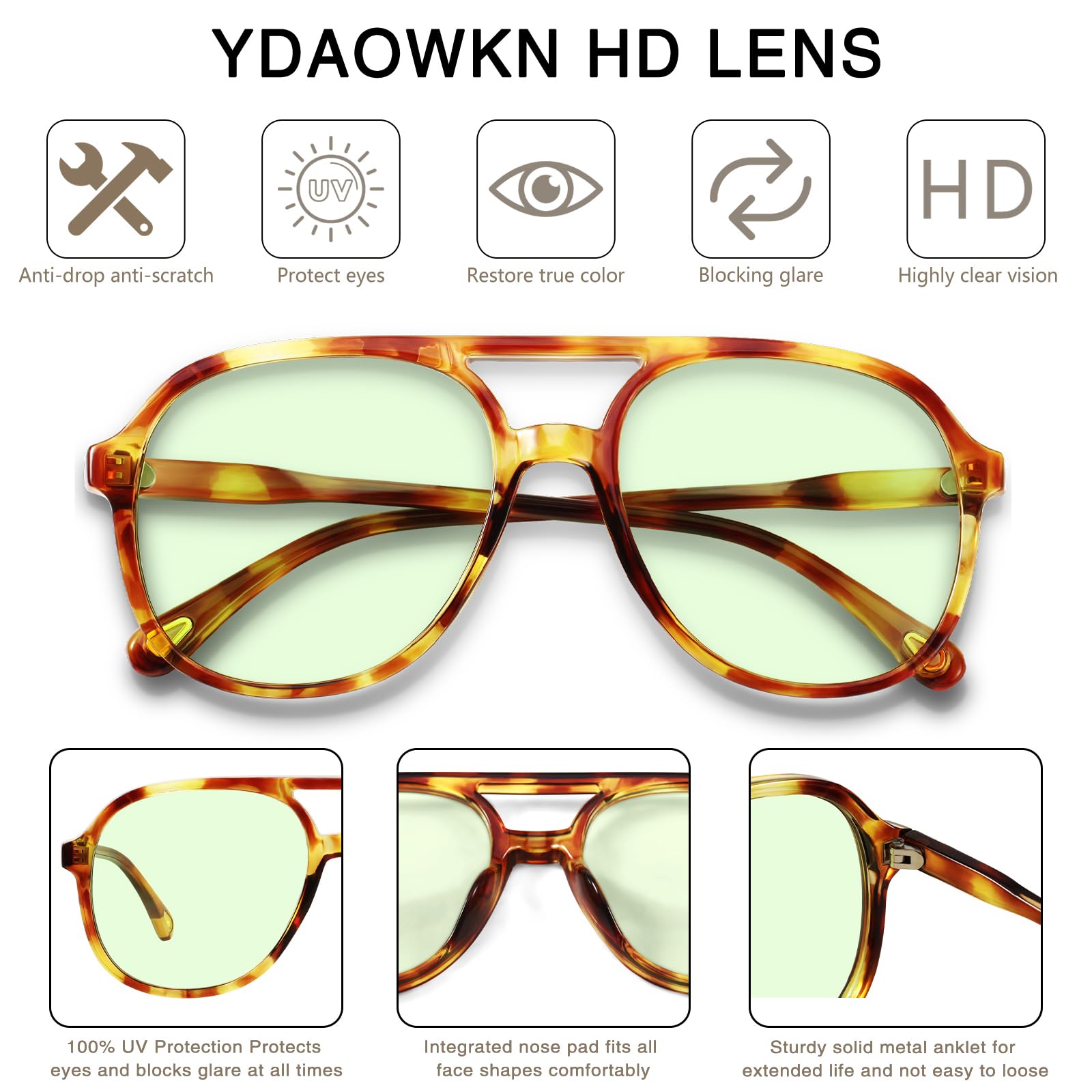YDAOWKN Retro Square Aviator Sunglasses for Womens Mens Vintage 70s Double Bridge Sun Glasses