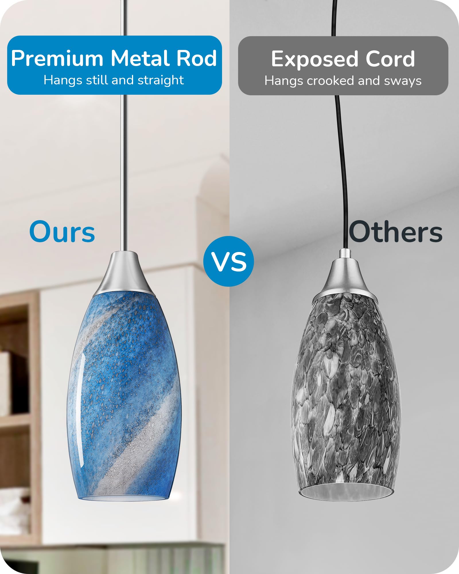 EDISHINE Pendant Light, Hand Blown Hanging Light Fixture, Adjustable Brushed Nickel Rods, 5.12" D x 11.4" H Shade, Blue Glass Pendant Lighting for Kitchen Island, Sink, Bathroom, Dining Room