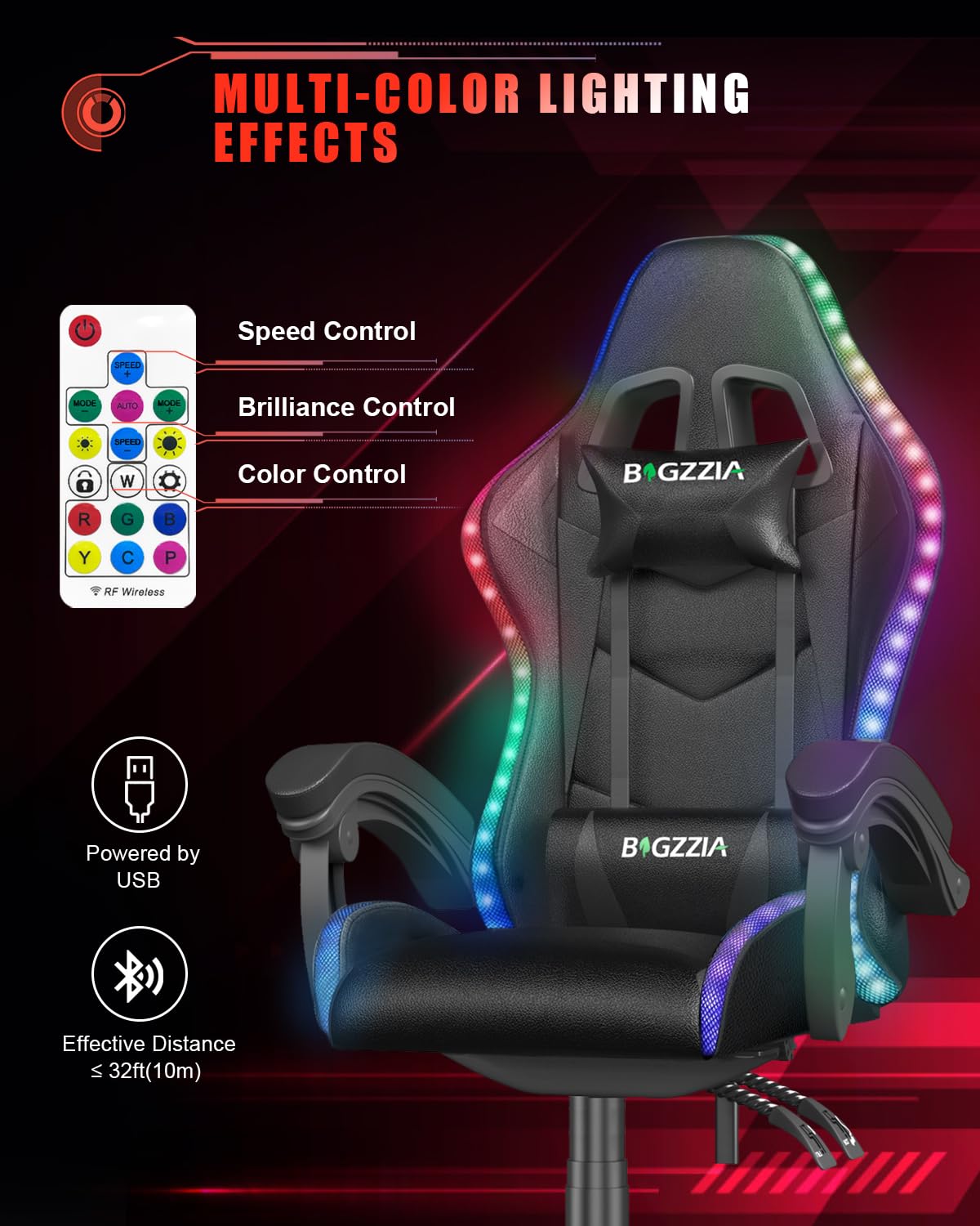 Bigzzia Gaming Chair with RGB LED Lights for Kids & Adults, High Back Ergonomic Computer Gamer Chair with Headrest and Lumbar Support, Racing Style Reclining Game Chair(Black)