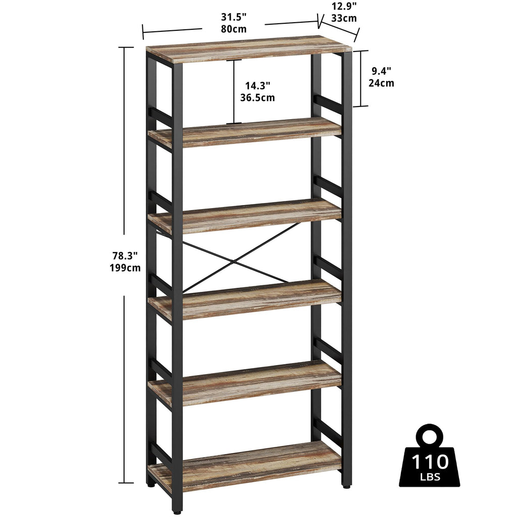 IRONCK Bookshelf, 31.5in Wide Shelf 6 Tier Bookcase, 110lbs/shelf Vintage Industrial Style Bookshelves for Bedroom, Living Room and Home Office, Industrial Brown