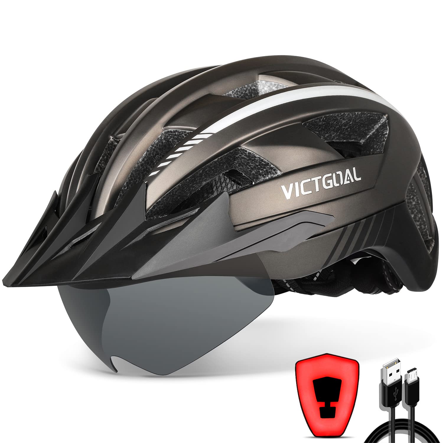 VICTGOAL Bike Helmet with USB Rechargeable Rear Light Detachable Magnetic Goggles Removable Sun Visor Mountain & Road Bicycle Helmets for Men Women Adult Cycling Helmets