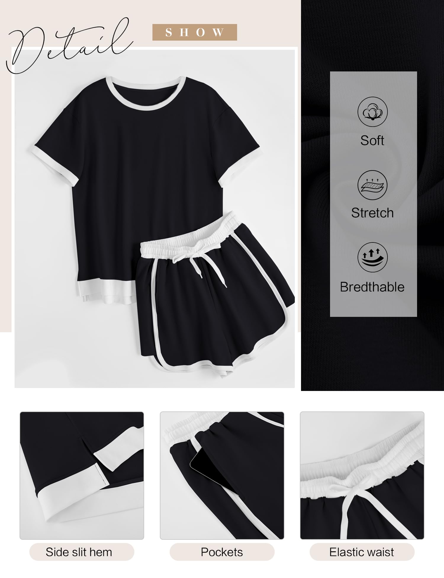 AKEWEI Shorts Sets Women 2 Piece Outfits Casual Short Sleeve Crewneck Tops and Drawstring Shorts Color Block Sets