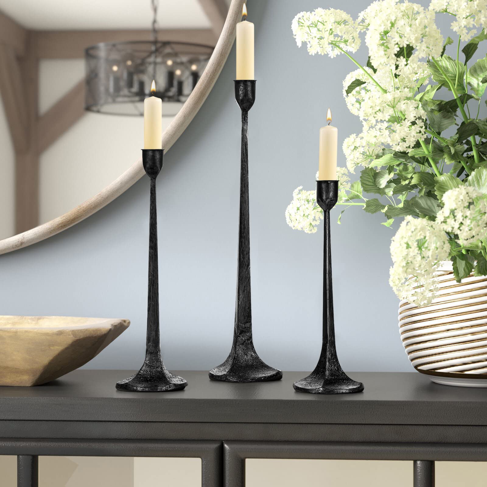Iron Taper Candle Holder Set of 3 - Decorative Tall Candle Stand, Candlestick Holder for Wedding, Dining Table, Party Decoration (Antique Brass)