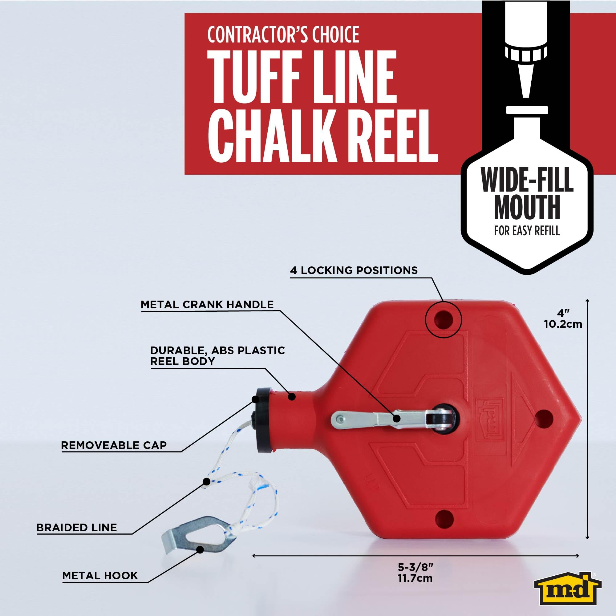 M-D Building Products 00805 ABS Tuff Line™ Contractor Chalk Reel, Durable and Reliable Chalk Line for Precision Marking, Ideal for Construction & Carpentry Projects (0.06 in. x 100 ft, Black)