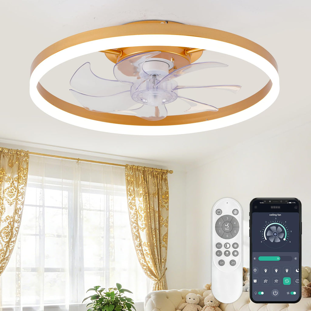 16 Inch RGB Low Profile Ceiling Fans with Lights, Modern Flush Mount Fandelier Chandelier Fixture, Remote & APP Control, Black LED Ceiling Fan Light for Bedroom, Living Room, Kitchen Indoor