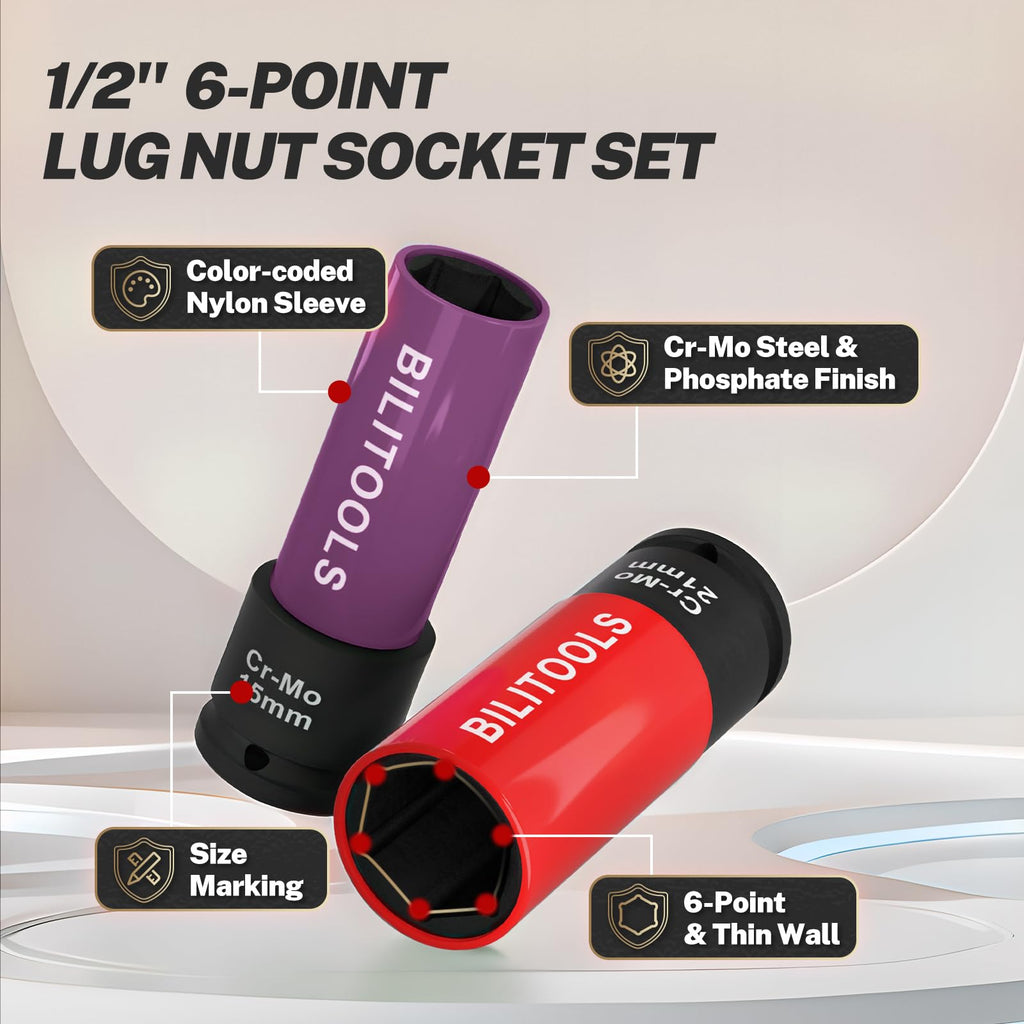 BILITOOLS 1/2 inch Drive Impact Lug Nut Socket Set, 15 17 19 21 22 MM Non-Marring Thin Wall Wheel Protector Nut Socket